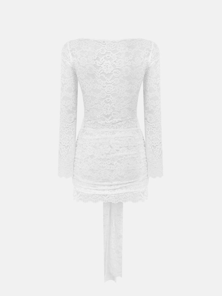Europäisches & Amerikanisches Sexy Durchbrochenes Spitze Rundhals Langarm Schlanke Passform Einfarbig Bodycon Kleid