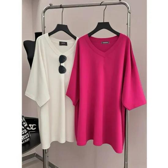 Plus Size Korean V-Neck Slimming Short Sleeve T-Shirt for Women - Summer Loose Pure Cotton Top, Tummy Covering Design.
