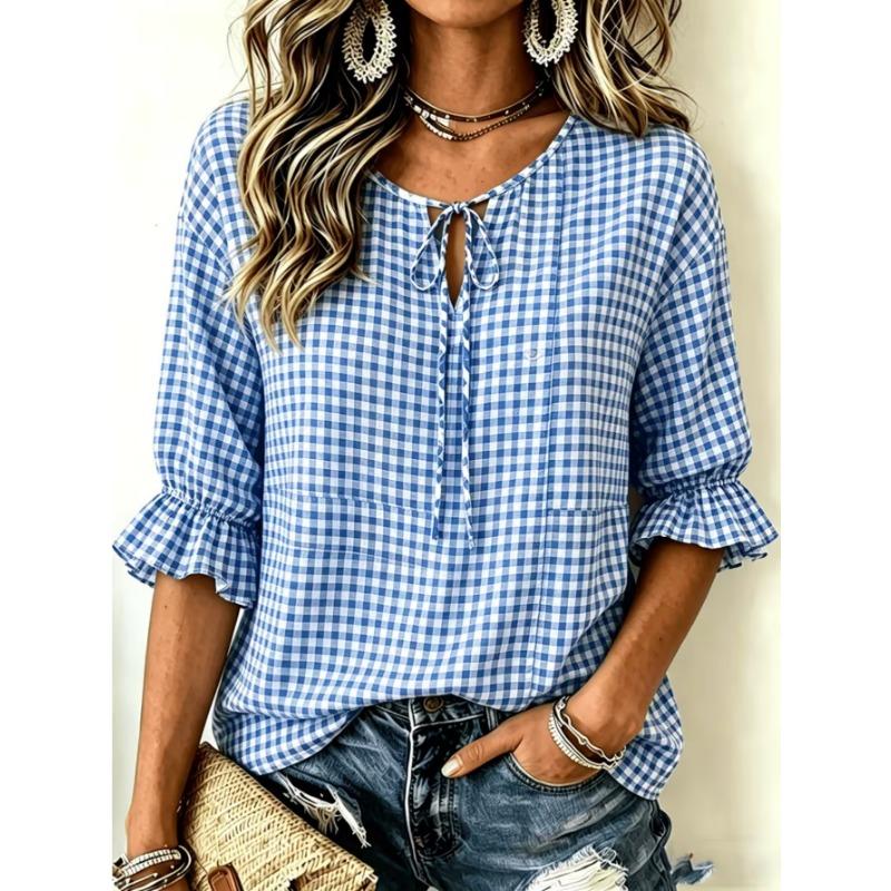 Women's Elegant Printed Lace-up Flared Top, Stylish and Versatile, Comfortable and Skin-friendly