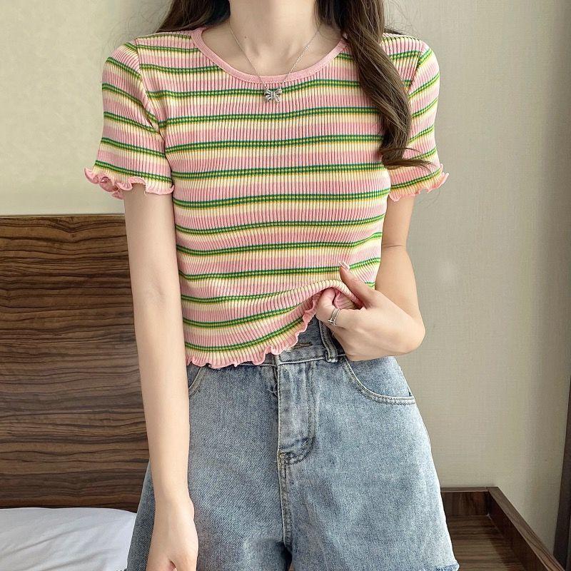 

Полосатый вязаный свитер с короткими рукавами для женщин, летний круглый вырез, грибовидный край, универсальный контрастный цвет, короткий стиль, стройнящий эффект на одежде L