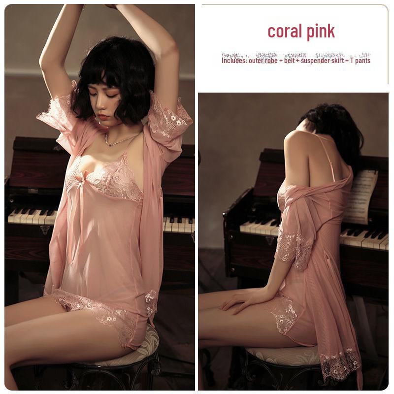 

Летняя женская ночная рубашка: Пижама из ледяного шелка с кружевом Falling Rabbit One Size