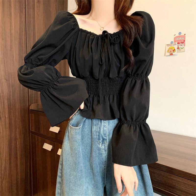 French Puff Sleeve Ruffle Top: Niche Design, Gentle Clavicle Style, Waist-Cinching, Versatile & Elegant