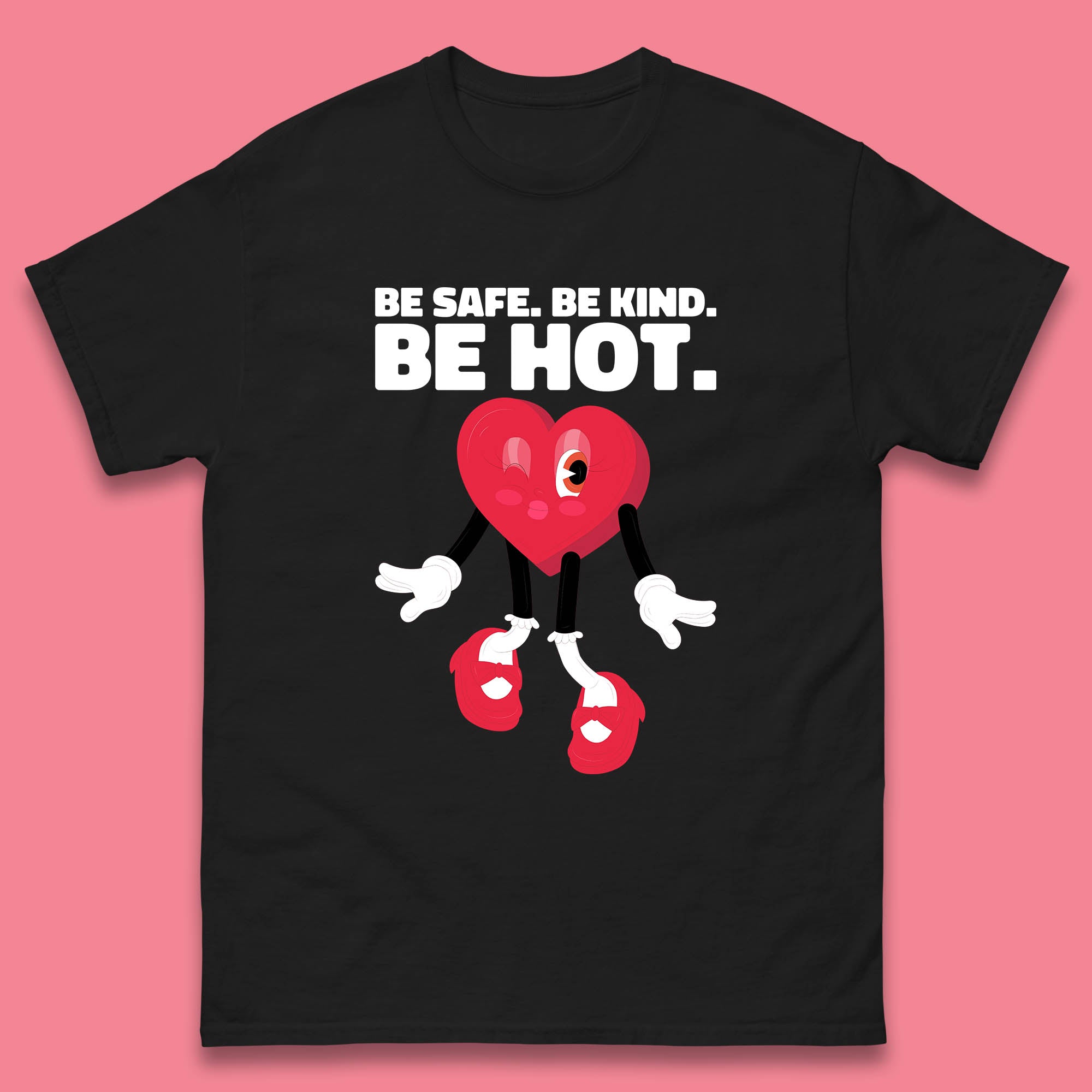 Be Safe Be Kind Be Hot Trendy Retro Cartoon Heart Eye Winking Groovy Style Mens Tee Top L
