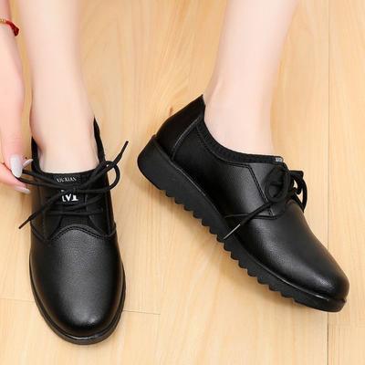 Solid Black Oxford Shoes Woman Work Leather Wedge Flats Female Casual Lace Up Spring Shoes Women's Kitchen Non-slip Loafers
