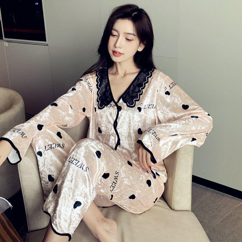 

Women s Golden Diamond Velvet Pajama Set – Lapel Cardigan, Long Sleeve, Long Pants – Soft, Comfortable Home Wear for Autumn and Winter. M-L