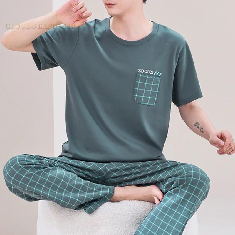 Summer Elegant Men Pyjamas Knited Plaid Pajamas Set Long Pants Sleepwear Pyjamas Night Suits