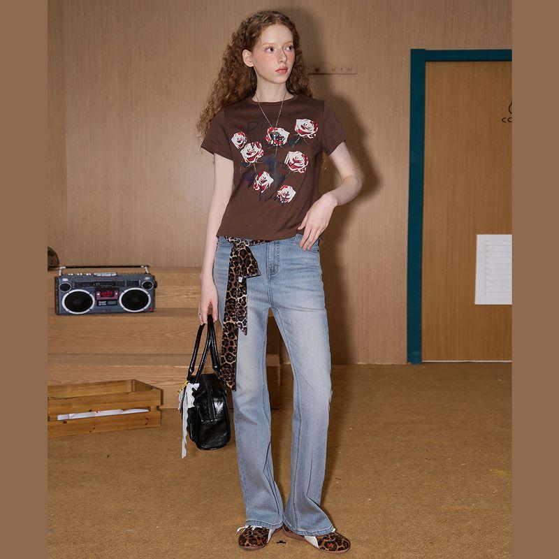 Coolhut American Retro Print Slim Fit Sweet and Spicy Style Round Neck 2025 Summer Women's T-Shirt Short Rose Versatile Niche