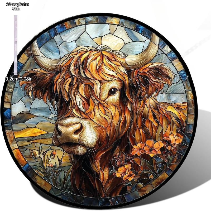 Bison Suncatcher Stained Glass Window Acrylic Round Wall Hangings Farmhouse Garden Ornaments Home Decor Gift for Animal Lovers, Perfect for Home 