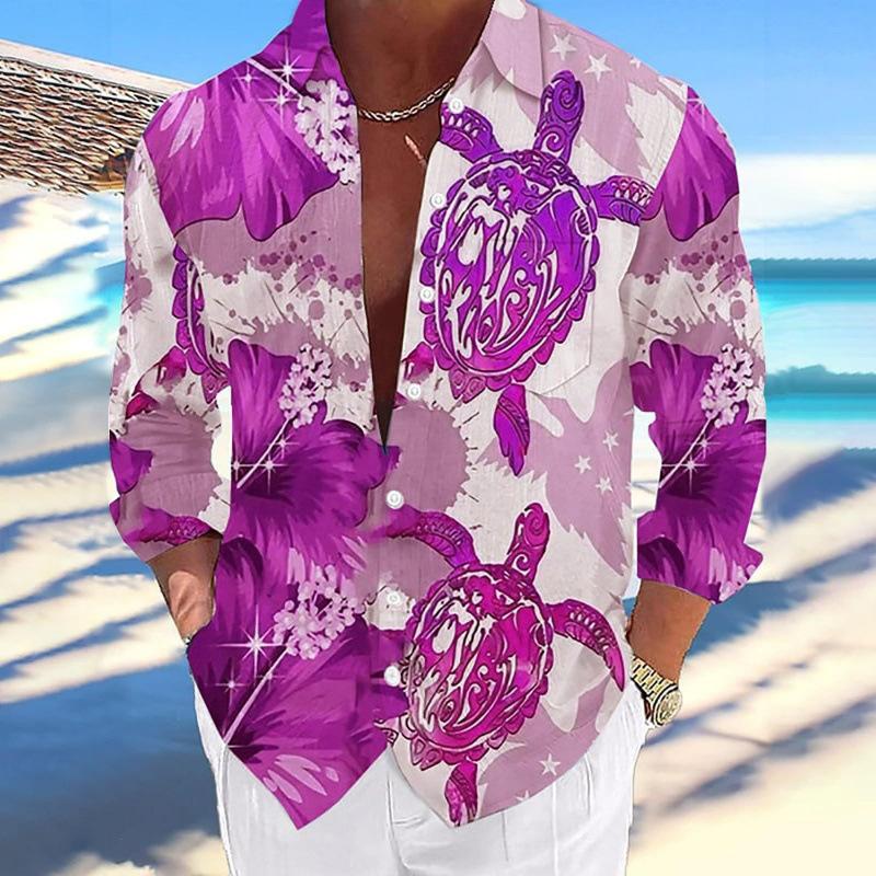 Tropical Turtle Print Long Sleeve Shirt, Perfect for Beach Days
