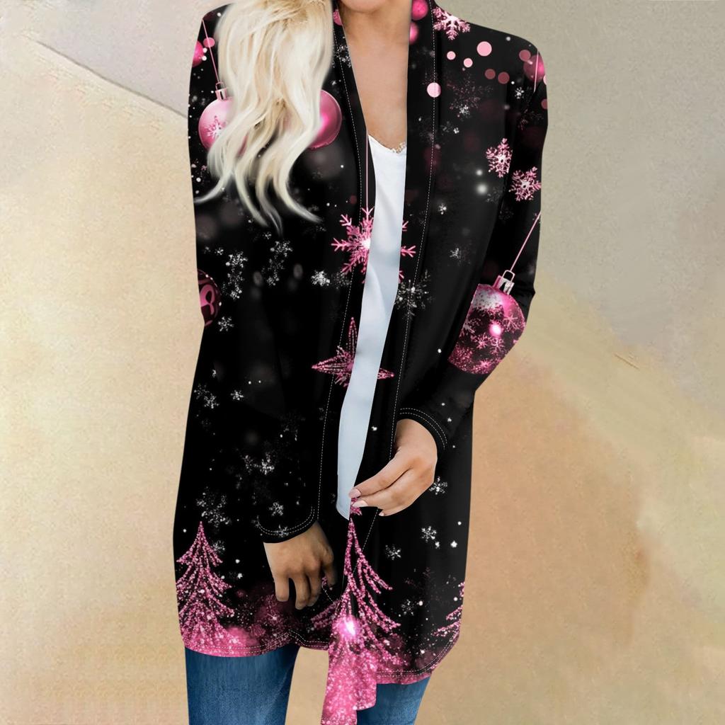 Women's Fashion Casual Christmas Tree Printed Mid-Length Cardigan Jacket