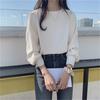 Korean Chic Autumn White Mist Haze Blue Round Neck Bubble Sleeve Top Loose Age Reducing Round Neck Long Sleeve Shirt for Women