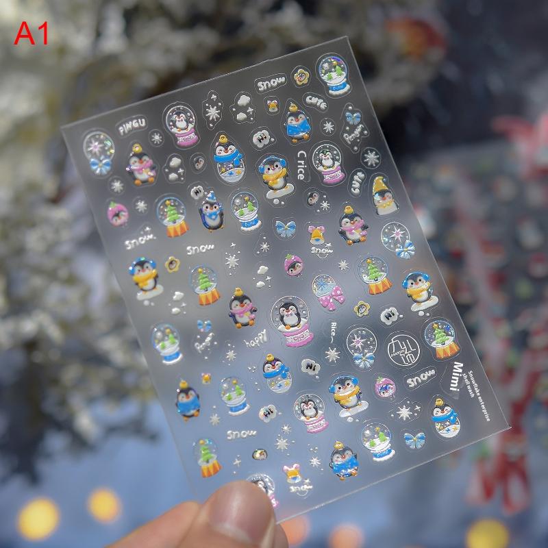 1Sheet Snowflake Penguin Sticker For Nails Cute Crystal Ball Lace Red Hat Star Bow Christmas Tree Nail Art Stickers Decoration