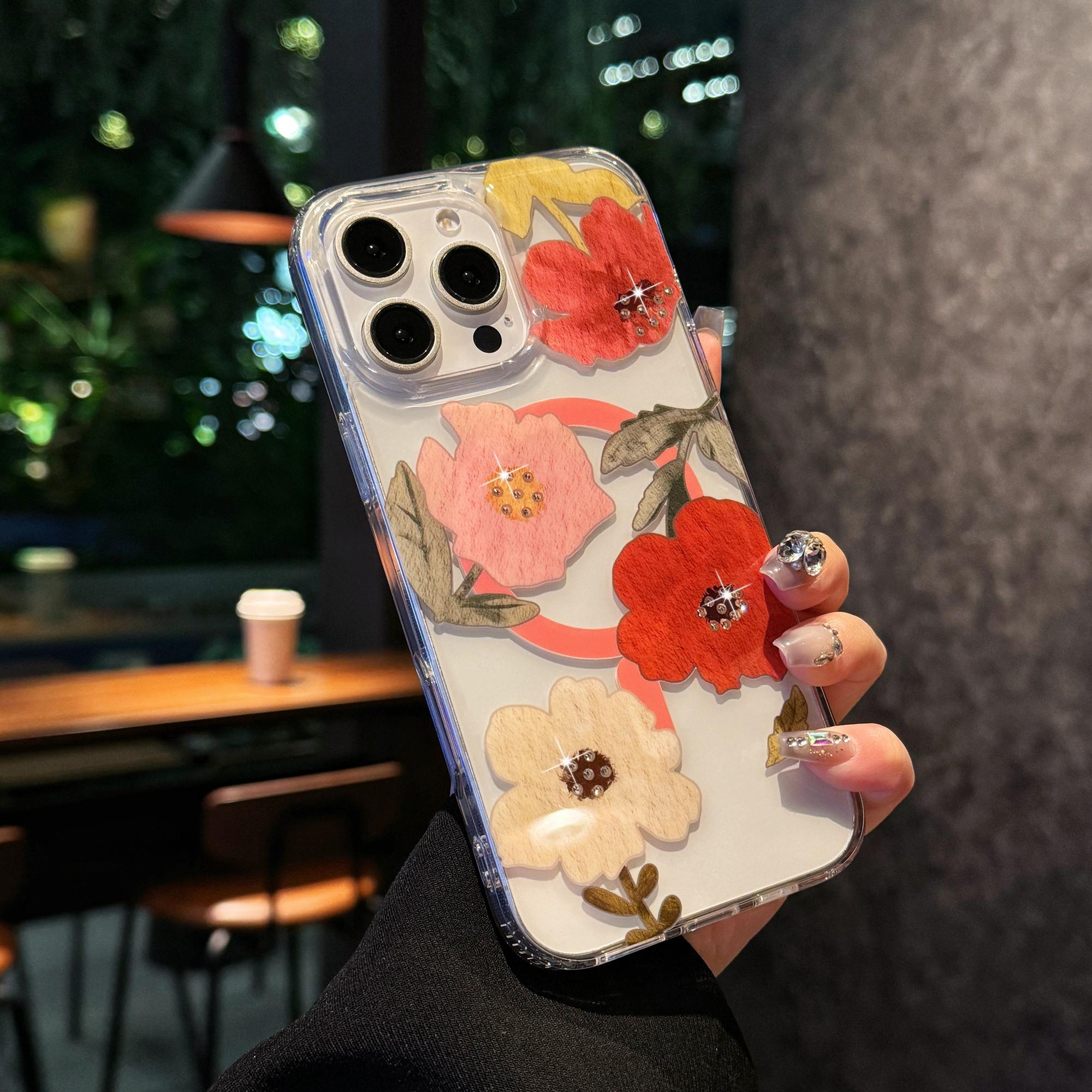 

For iPhone 15 Pro Max Case Compatible with MagSafe Laser Flower PC+TPU Clear Phone Cover Begonia Flowers