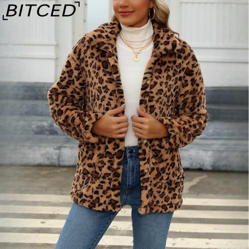 

BITCED Women s Plaid Fleece Jacket with Patch Pockets Versatile Long-Sleeve Winter Fashion Casual Coat XXL цветной печати леопарда