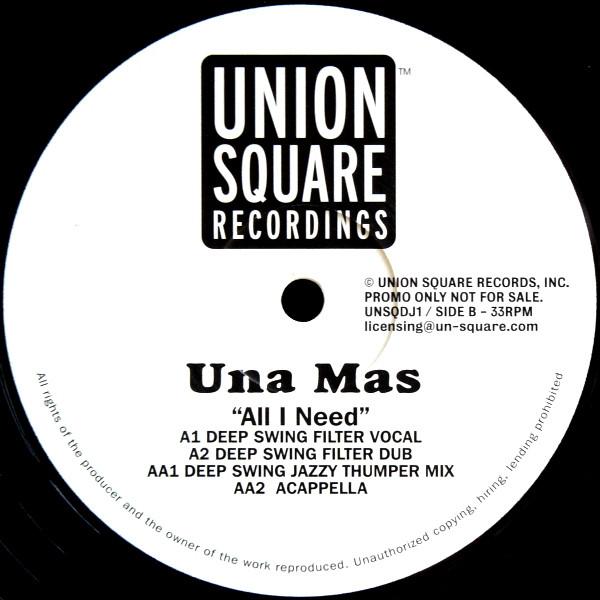 12-дюймовая пластинка UNA MAS  All I Need UNSQDJ1 Union Square Re 2001 UK Dance  Electronica Б/у