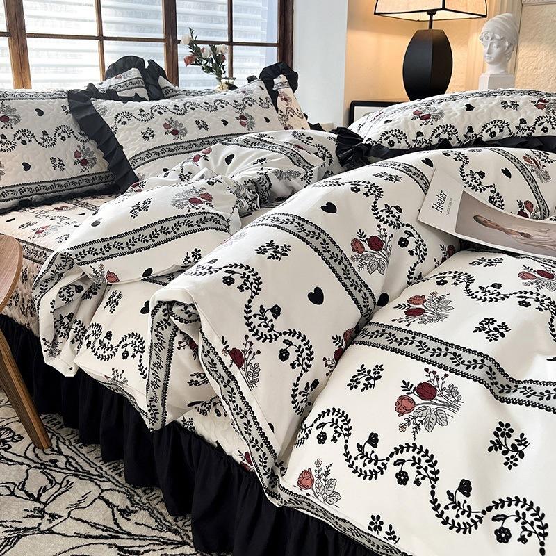 French Retro Style Bed Cover Four Season Universal Thick Quilted Double Bedsheet Active Printing Dyeing Printed Pattern Bedcover Same Style Pillowcase