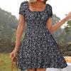 Square Neck Boho Floral Summer Dress Women Short Sleeve Smocked Swing A Line Flowy Ruffle Beach Sundress