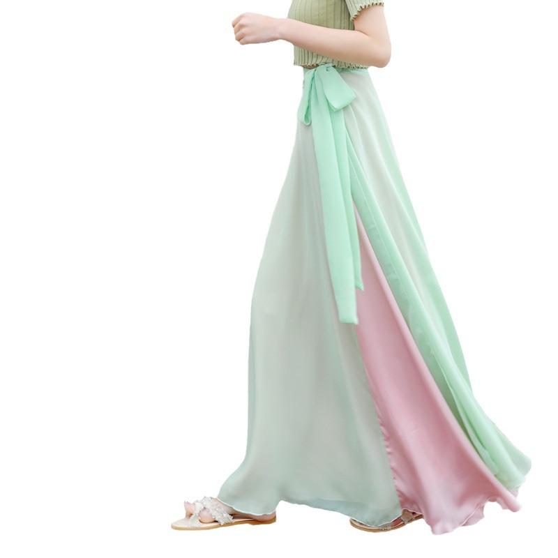 Two-Tone Satin Chiffon Lace-up Dance Midi Skirt for Women