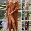 Women Maxi Dress Single-breasted Solid Color Stand Collar Long Sleeves Buttons Loose Vintage Soft Lady Ankle Length Long Dress