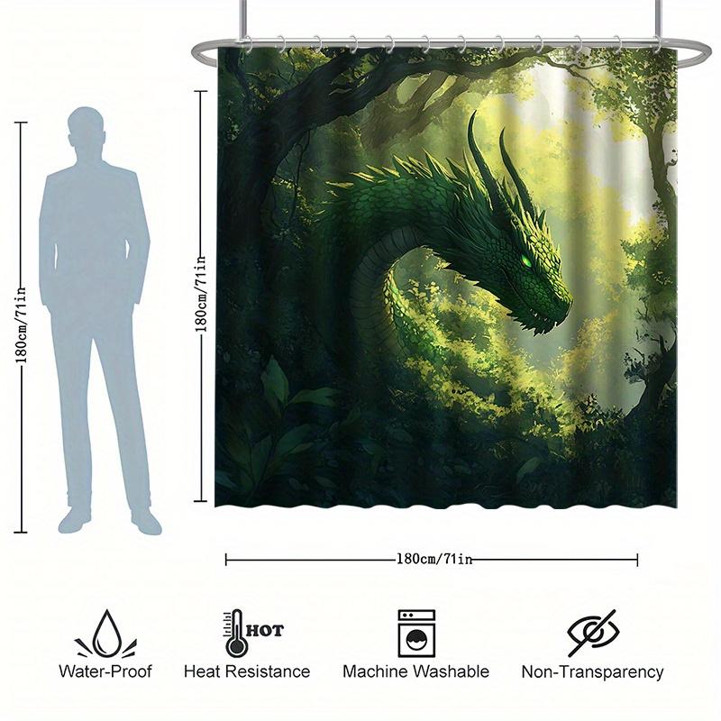 Dschungelgrünes Drachen Duschvorhang Set - Fantasie Drache, Voller Grünpflanzen, Polyester Stoff, Moderne Badezimmer Deko