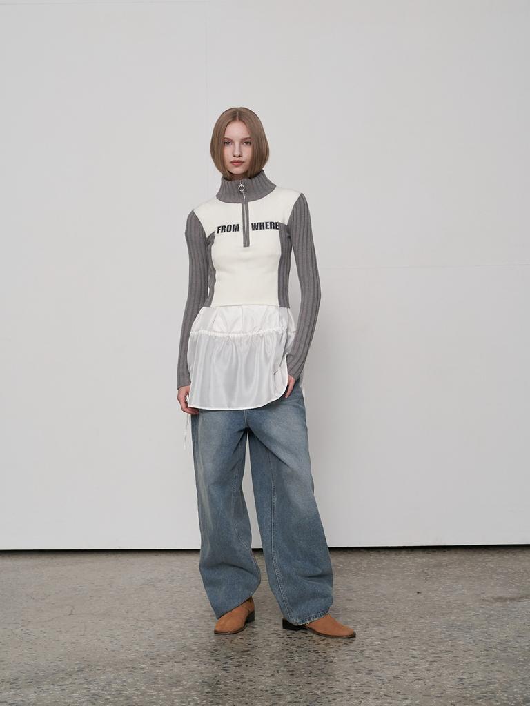 FROMWHERE Applique Zip-Up Sweater Gray