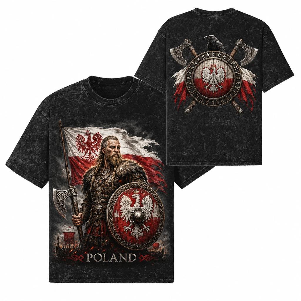Polsko Viking Warrior Nordická vlajka Sekera Tričko 260 GSM | Oversized Sněhově prané