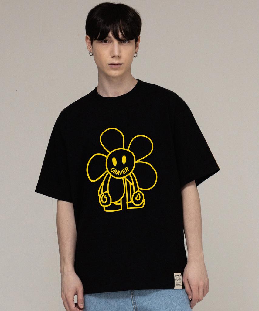 GRAVER [Unisex] Comics Line Flower Drawing Short Sleeve T-Shirt_Black