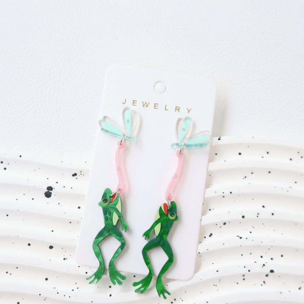 Exaggerated Eating Flies Frog Acrylic Earrings Mosquitoes Long Dangle Earring Funny