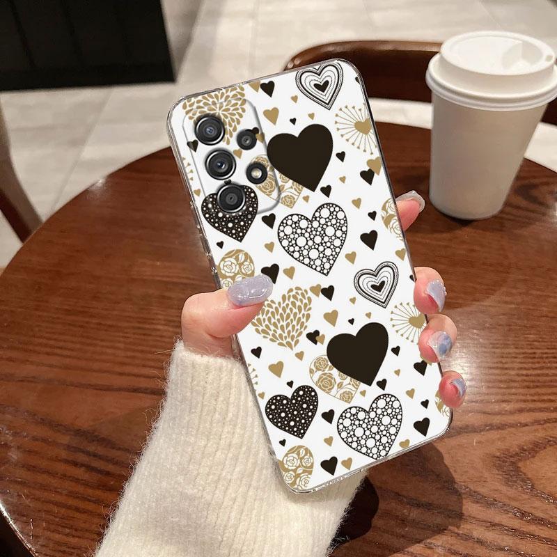 Gold Pink Rose Leaf Glitter Hearts For Samsung Galaxy A55 Case A54 A52 A53 A15 A14 A13 A21S A23 A34 A35 A33 A32 A72 Clear Cover