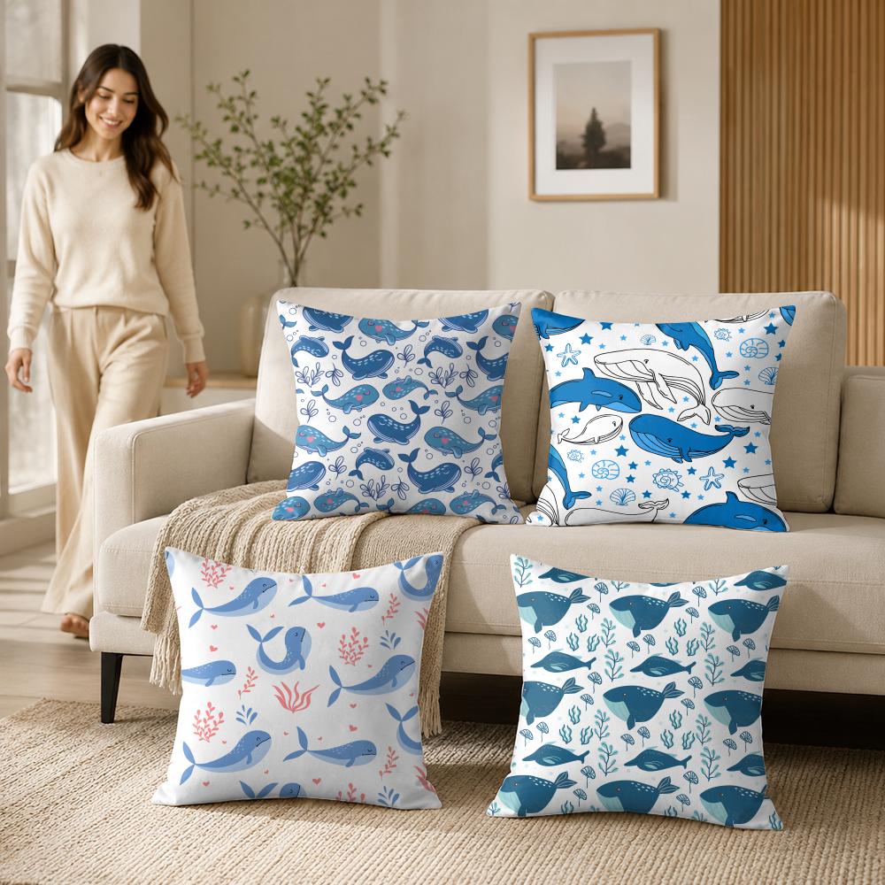 Blue Whales Pattern Cushion Cover Silky Short Plush Invisible Zipper Dustproof Sofa Pillow Case For Home Decor