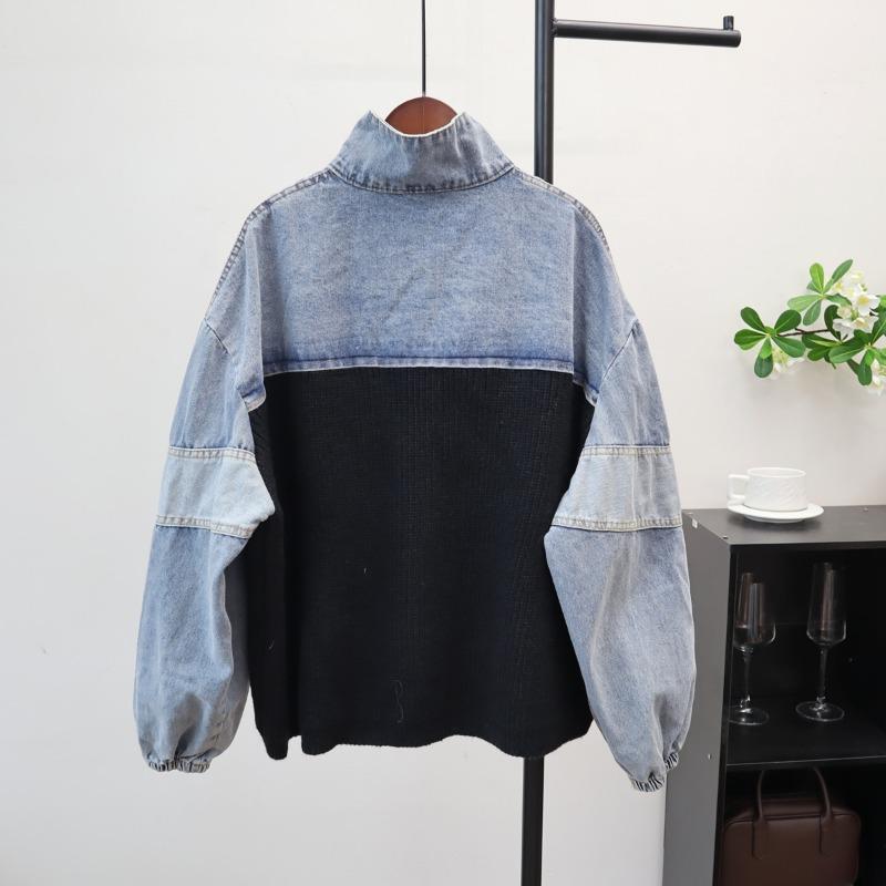 Autumn and Winter New Loose Casual Design Sweater Jacket Women's Zipper Splicing Denim Knitted Cardigan