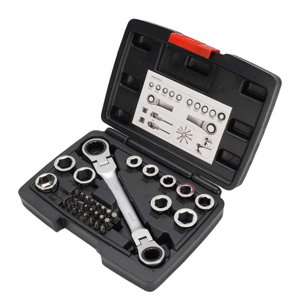 Ratchet Wrench Set 72 Teeth Box End Double Movable Head Torsion Wrench Kit with 10 Replacement Heads and 24 Bits