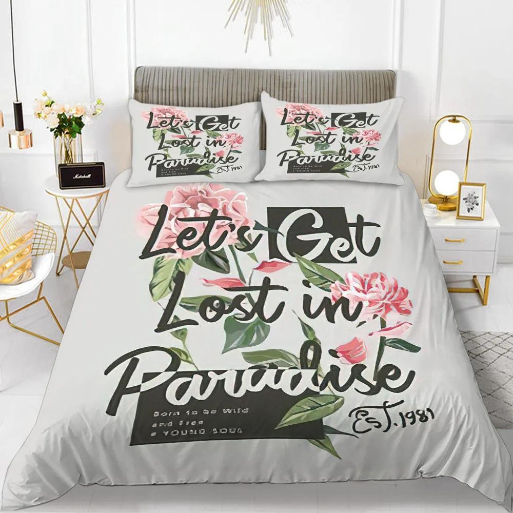 Alphabet Flower Duvet Cover Set Microfiber Flowers Be Your Best Pattern Bedding Set For Teens Girls King Size Soft Quilt Cover