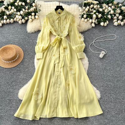 Schickes Vintage Dreidimensionales Einreihiges Schlankes Elegantes Feenhaftes Koreanische Mode Boho Damenbekleidung Langes Kleid
