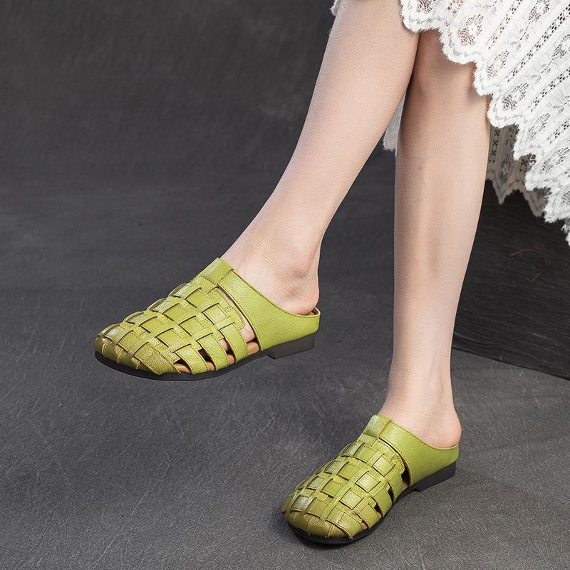 2026 Summer New Hand Woven Breathable Flat Outdoor Wear Closed Toe Slippers Casual First Layer Cowhide Women Shoes