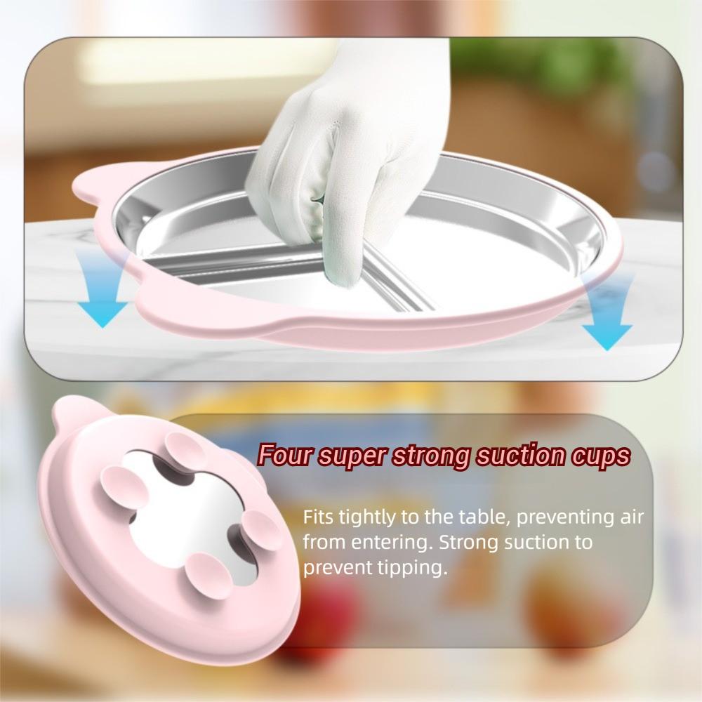 Bear Shape Suction Cup Dining Plate 304 Stainless Steel 3 Grids Kids Feeding Plate Drop-proof Anti-flip Snack Bowl Fruit