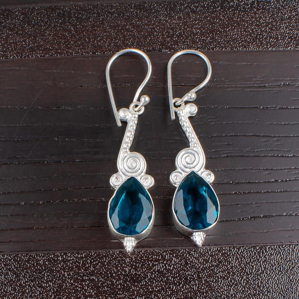 Blue Apatite Gemstone 925 Sterling Silver Jewelry Handmade Women Earrings 2.10" EE-37-12