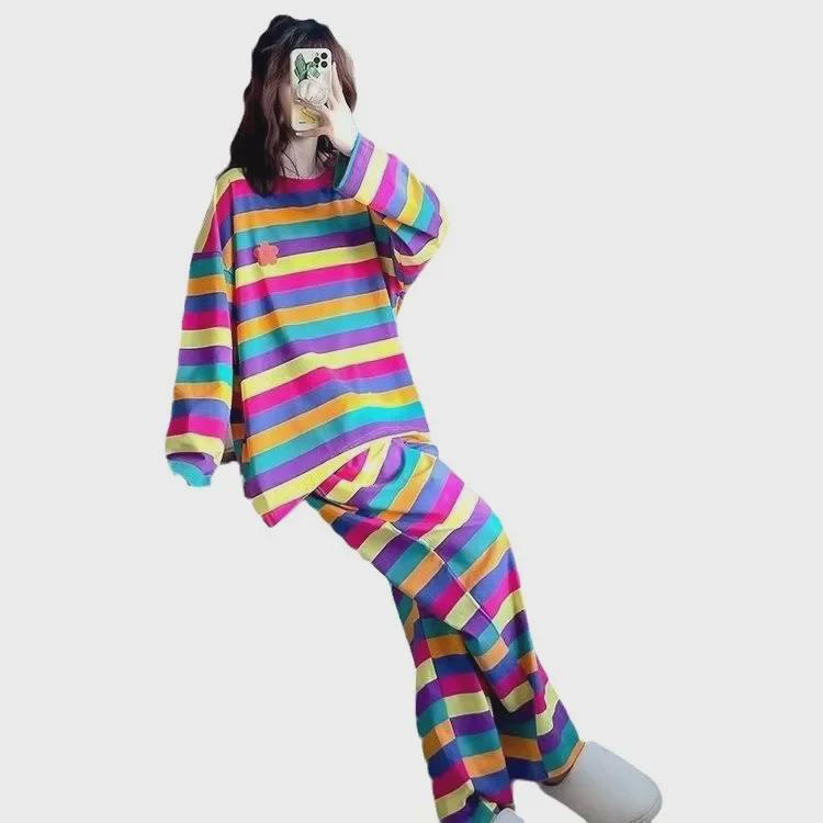 Women's Rainbow Striped Cartoon Pajama Set - Long-Sleeve Loose Fit for Spring/Fall