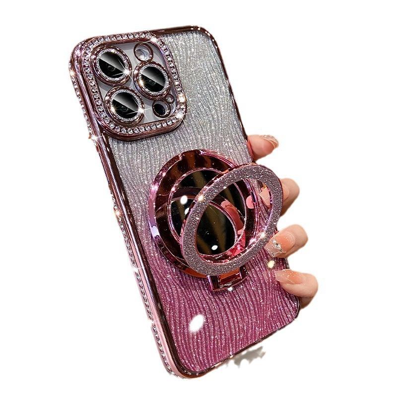 Apple 17PRO Luxury Rhinestone Glitter, Suitable for iPhone16E Mobile Phone Case 15 Water Ripple Mirror Holder Magnetic Attraction