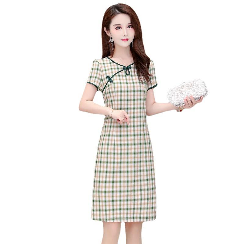 Plaid cheongsam improved version dress women's summer new slim and thin temperament elegant retro hip skirt