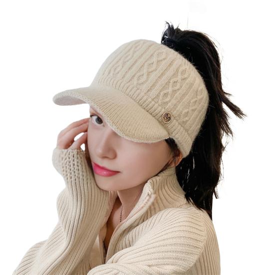 Yousheng Damen Baseballkappe Verlängerter Schirm Leerer Oberteil Einfarbig Strickmütze Verdickte Plüsch Faux-Kaninchenfell Mütze