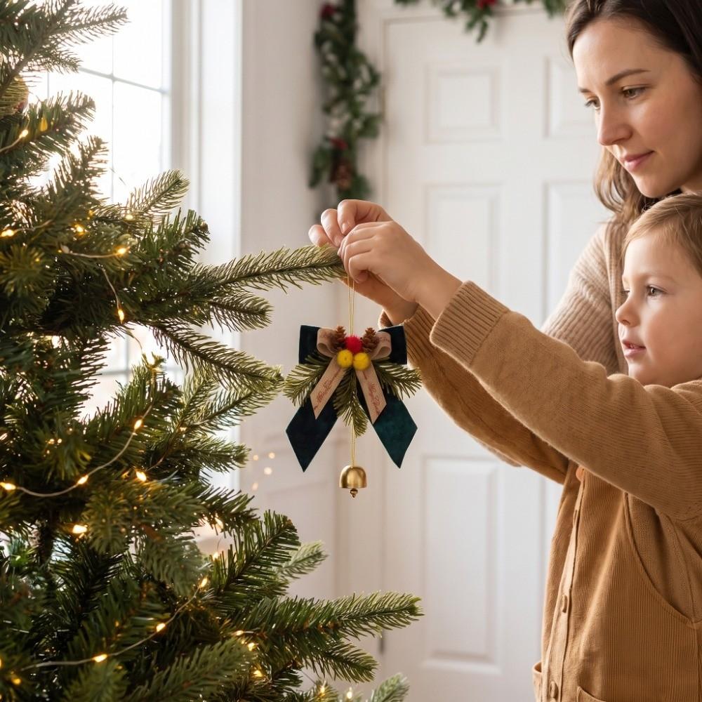 PVC Pine Needle Pinecone Christmas Tree Decor Bow with Bell Xmas Ornaments Christmas Tree