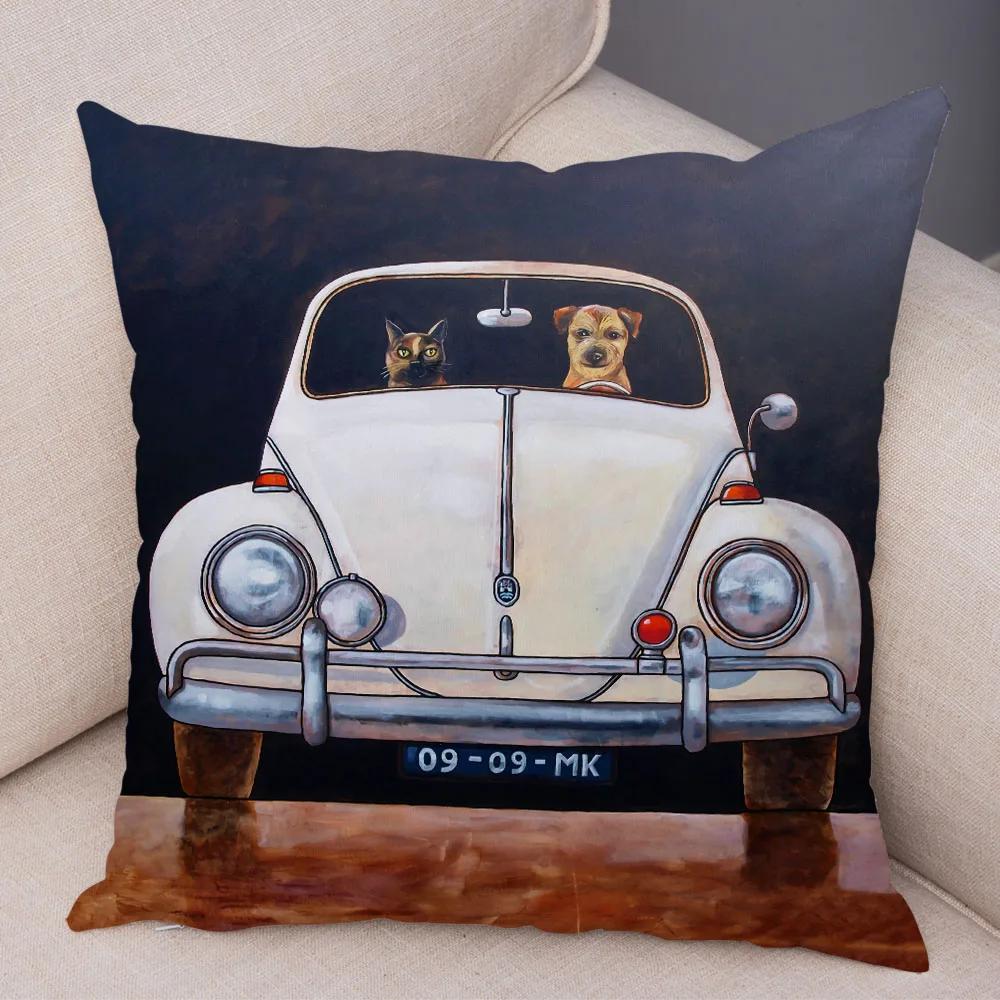 Colorful Cartoon Driving Bus Dog Cute Pet Print Cushion Cover for Home Living Room Sofa Car Decoration Pillowcase