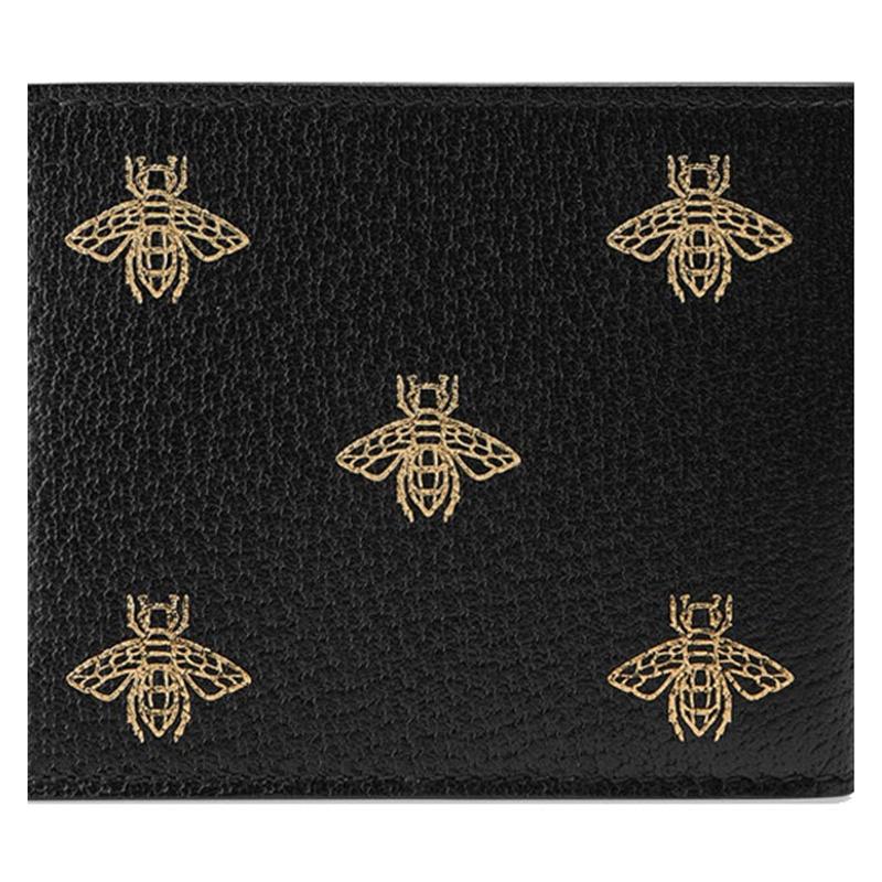 Gucci Bee Print Short Bifold Leather Wallet Men's Black