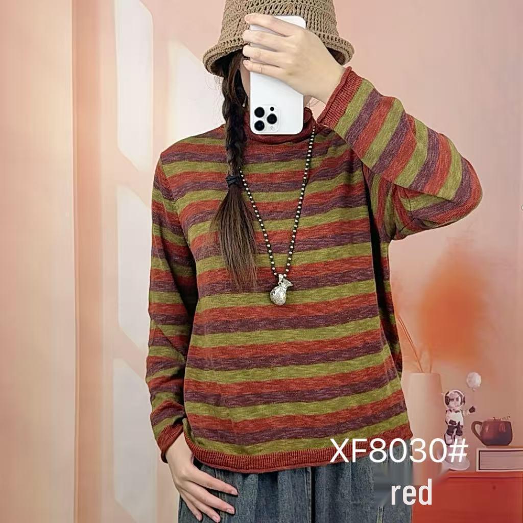 Retro Striped Turtleneck Sweater: Women's Slimming Knitwear for Autumn & Winter