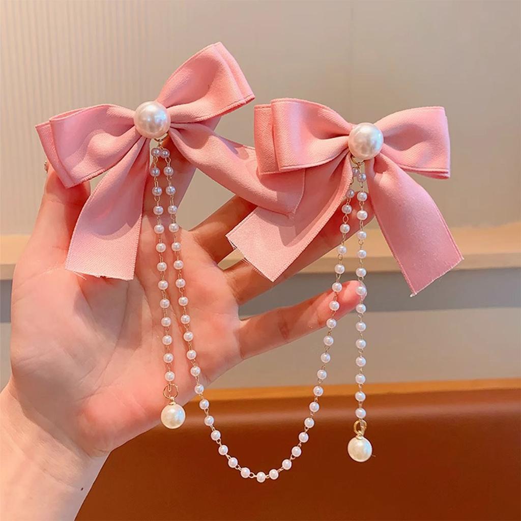 Elegant Double Bowknot Hair Clip for Kids with Tassel Pearls Designs Perfect for Little Girls Daily Wear and Event