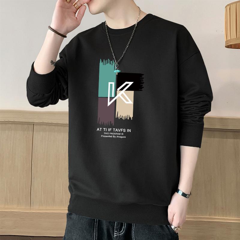Men's Crew Neck Sweater T-Shirt Bottom Shirt Trend Loose Pullover Casual Autumn and Winter Fleece Thickened Long Sleeves