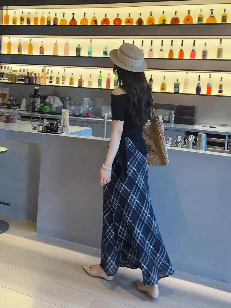 Women's Retro Blue Plaid Fishtail Skirt - Artistic Slimming Summer Style