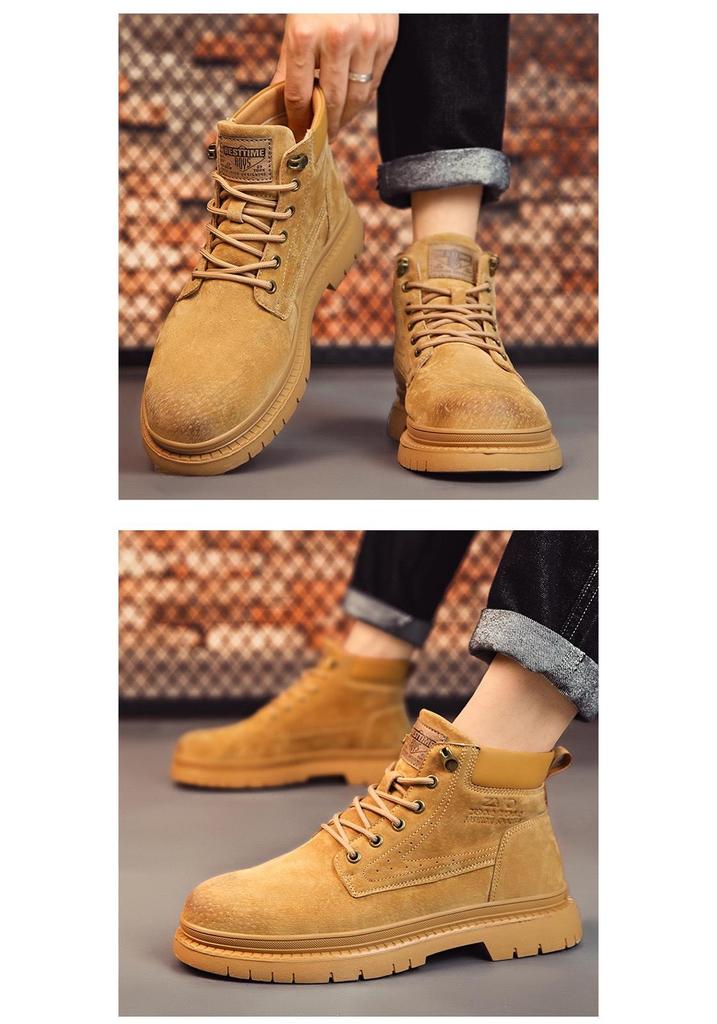 Men's Extra Large Yellow Martin Boots - Autumn/Winter Wear-Resistant Top Layer Cowhide Work Boots