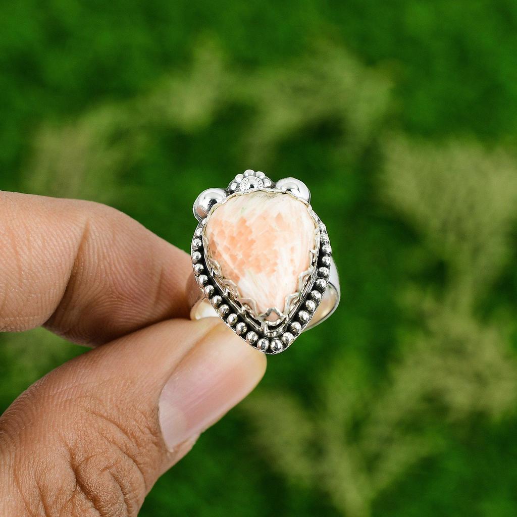 Pear Natural Scolecite Birthday Statement Sister Bezel Ring Jewelry 925 Silver